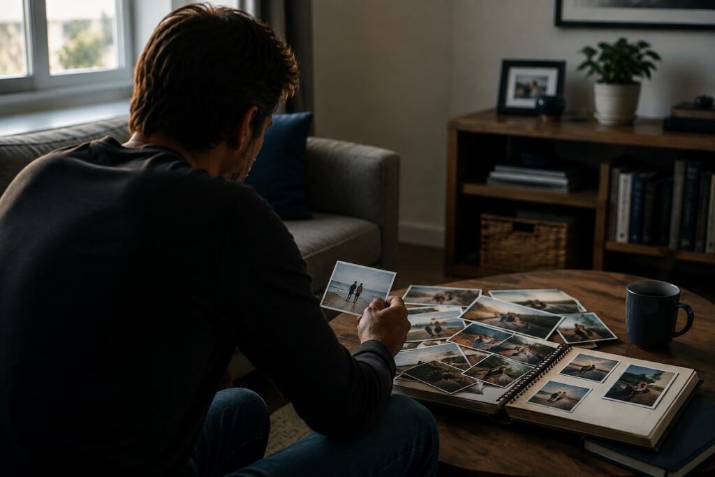 Man looking through old photographs and a photo album while reflecting on memories from a past relationship.