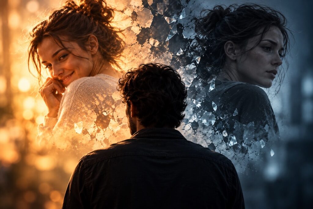 A man stands between two contrasting images of the same woman, one affectionate and warmly lit, the other distant and cold, symbolising mixed signals in relationships.