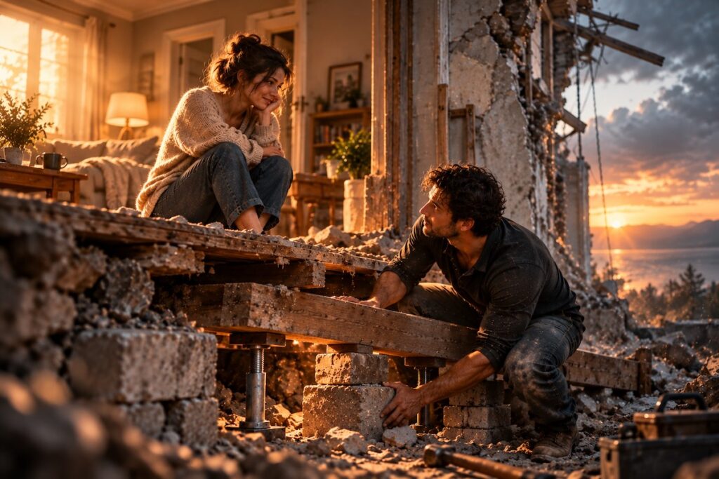 A man repairs the damaged foundations of a house while a woman watches from above, symbolising care, responsibility and the effort required to sustain healthy relationships.