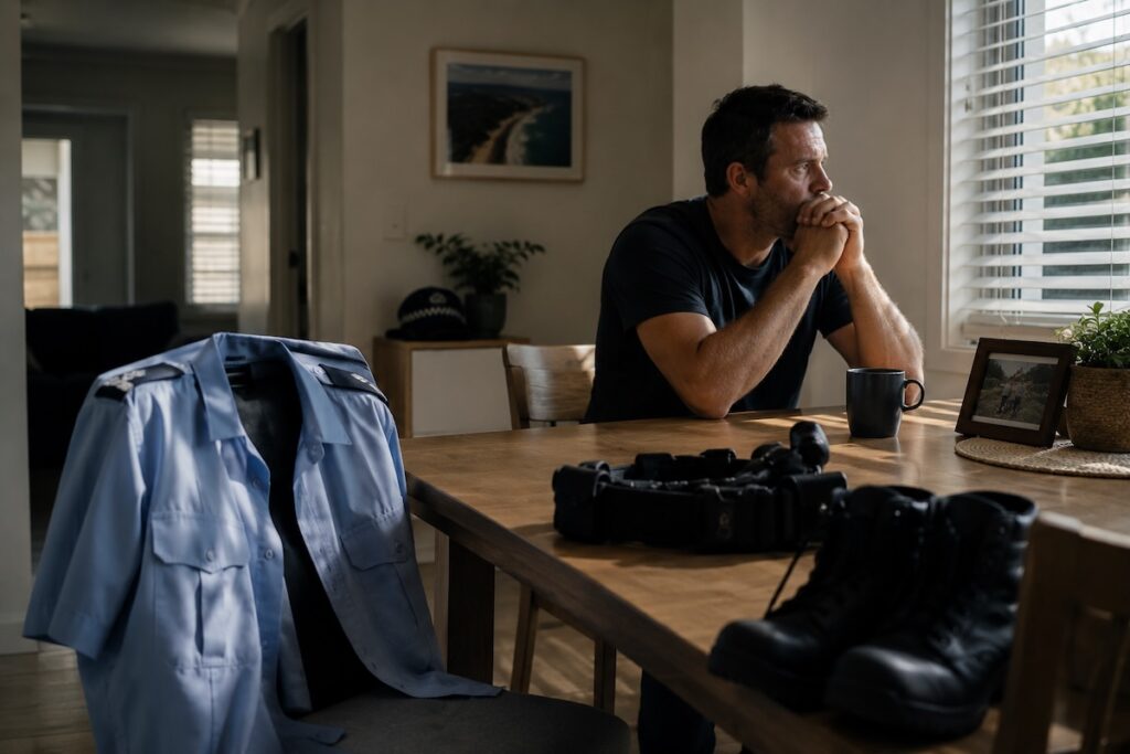 Police officer sitting at home beside his unused uniform and work gear after being stood down from duty.