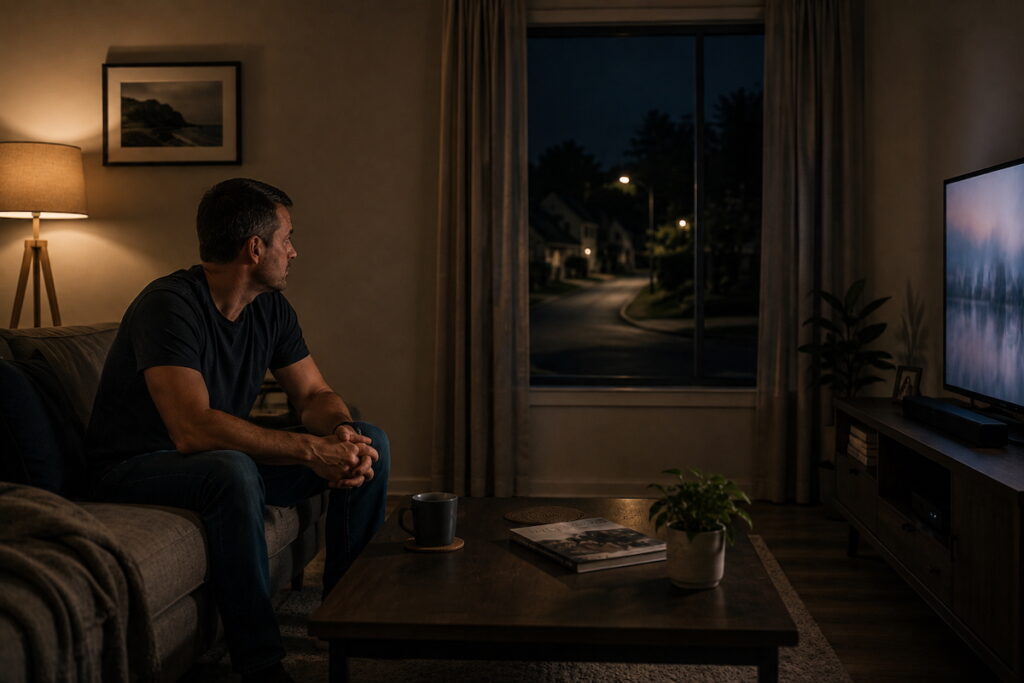 A man sits alert on a sofa in a quiet home at night, reflecting the difficulty some police officers experience settling into calm.