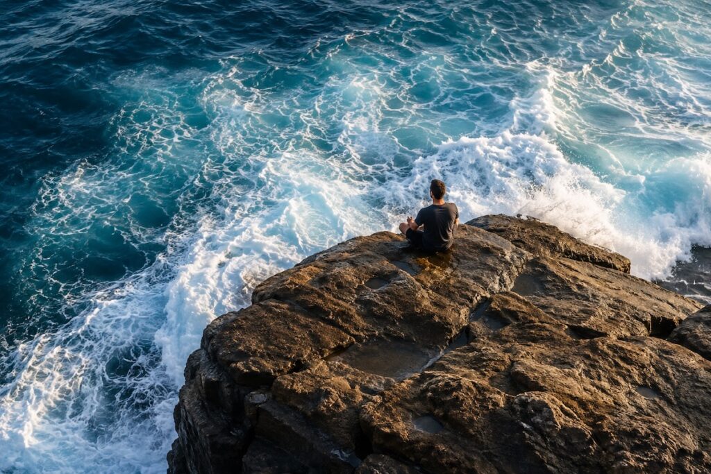 Person sitting steadily on coastal rocks as powerful ocean waves move around them