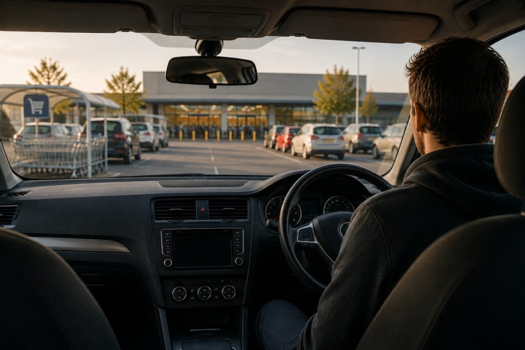 Man sitting in his car outside a supermarket, hesitating before going inside as he experiences anxiety and avoidance.