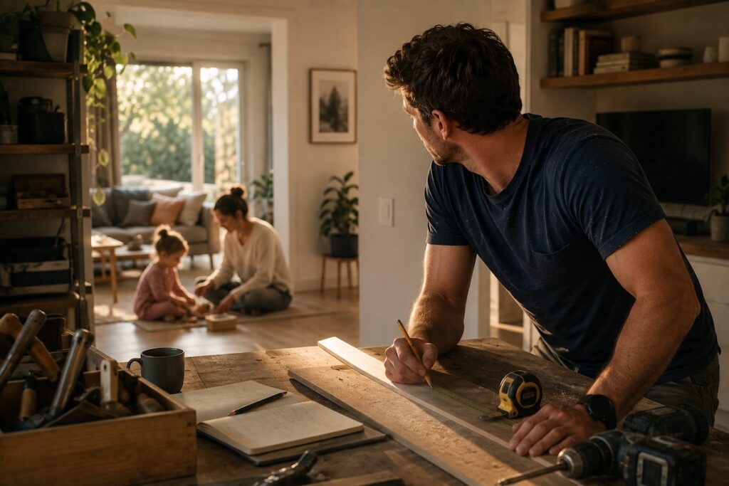 A man pauses from a woodworking project to look towards his partner and young child, illustrating the tension between productivity and emotional presence.
