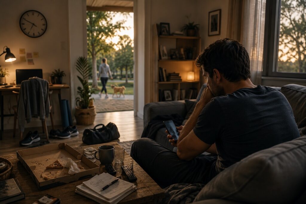 A man sits indoors looking at his phone while someone walks a dog outside in the evening light, illustrating how everyday lifestyle patterns can shape psychological wellbeing.