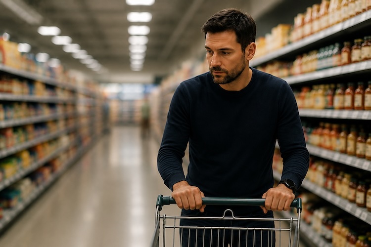 A man experiencing anxiety while shopping in a supermarket, representing how ordinary places can feel overwhelming when anxiety activates the body’s threat response.