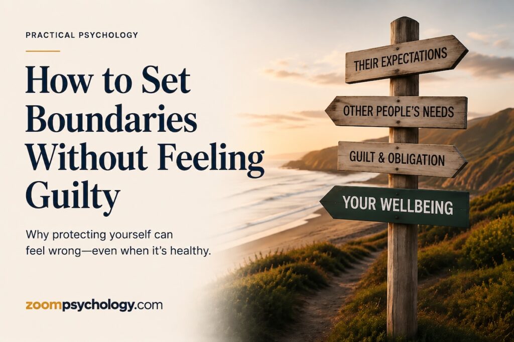 How to set boundaries without feeling guilty illustrated by a coastal signpost representing self-respect and wellbeing.