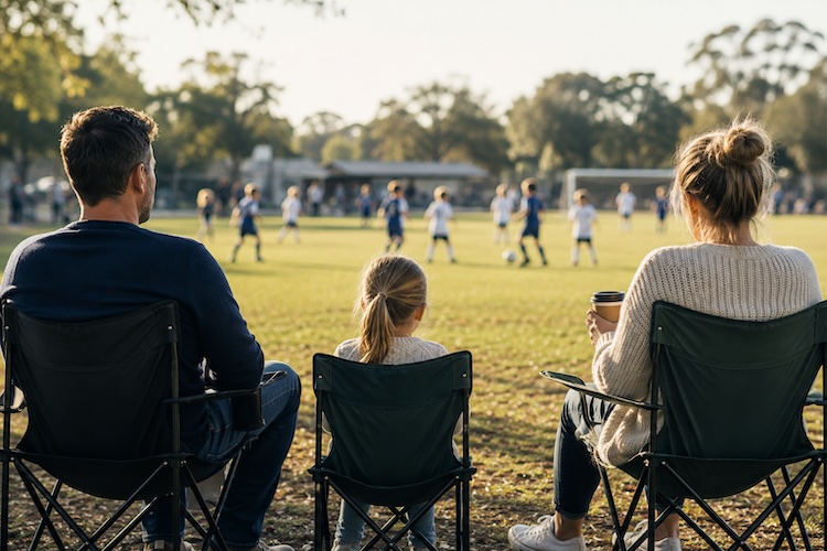 Separated parents sitting apart while watching their child’s sporting event, illustrating the difference between appearing cooperative and creating genuine stability after separation.