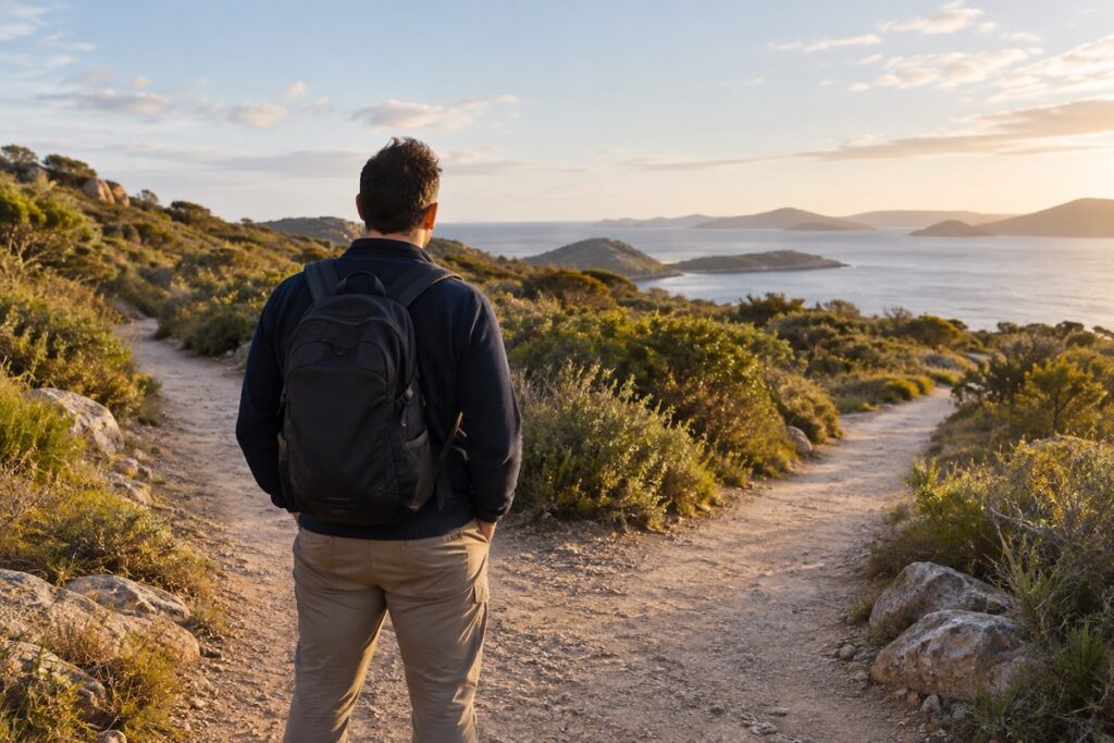 Person standing at a fork in a coastal walking trail, considering two different paths.