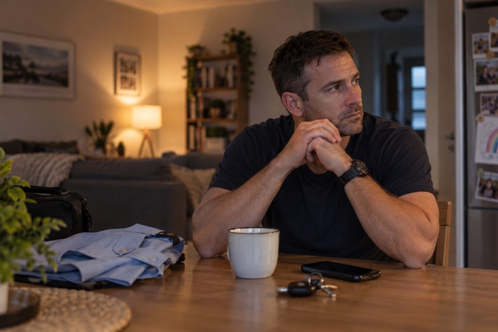 First responder sitting at home after work with a light blue uniform shirt nearby.