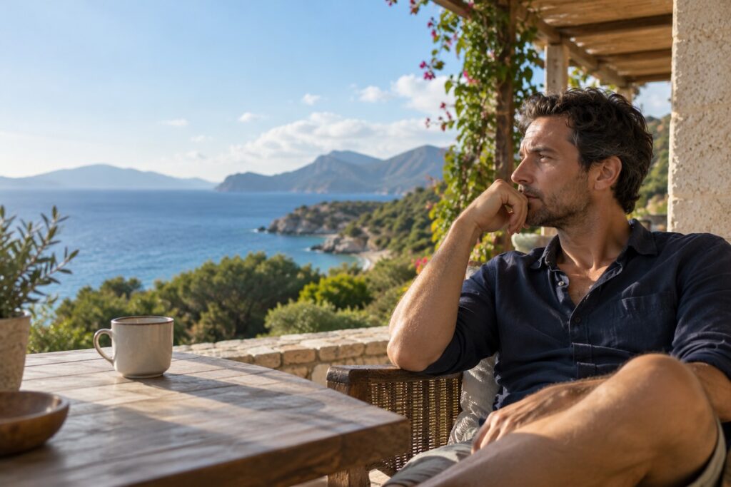 Man sitting thoughtfully on a holiday balcony overlooking the ocean, illustrating difficulty mentally disengaging and relaxing.