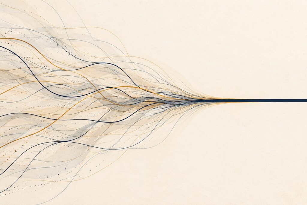 Many overlapping lines gradually converge into one clear line, representing the experiences that can accumulate into a firm boundary.