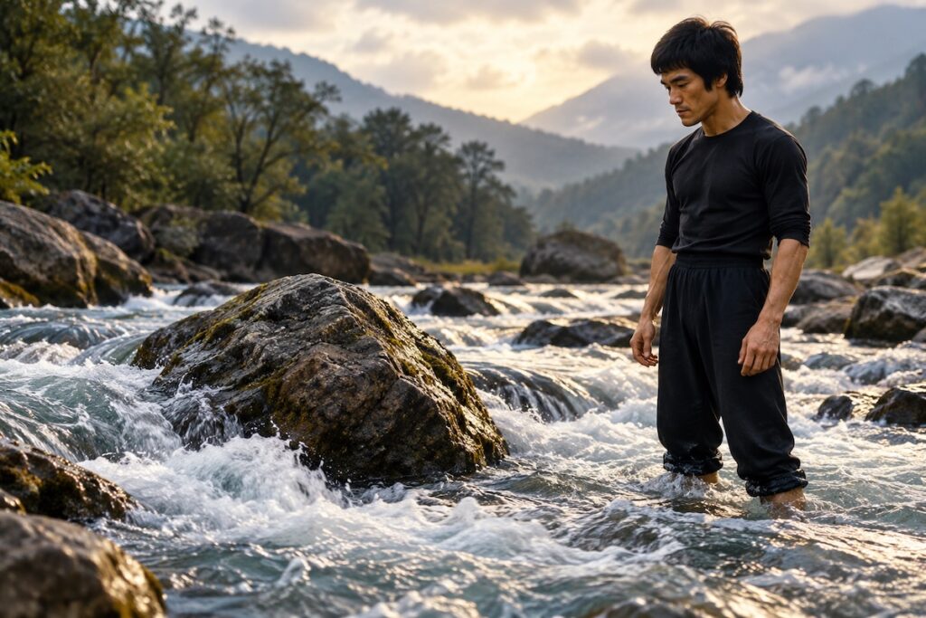 Bruce Lee standing in a flowing mountain stream as water moves around rocks, representing adaptability and psychological flexibility.