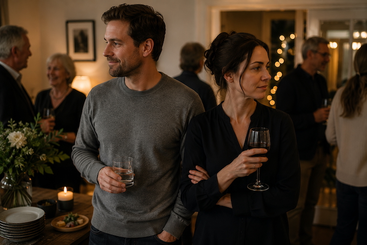 Couple standing together at a social gathering while looking in different directions, representing performed closeness and emotional distance.