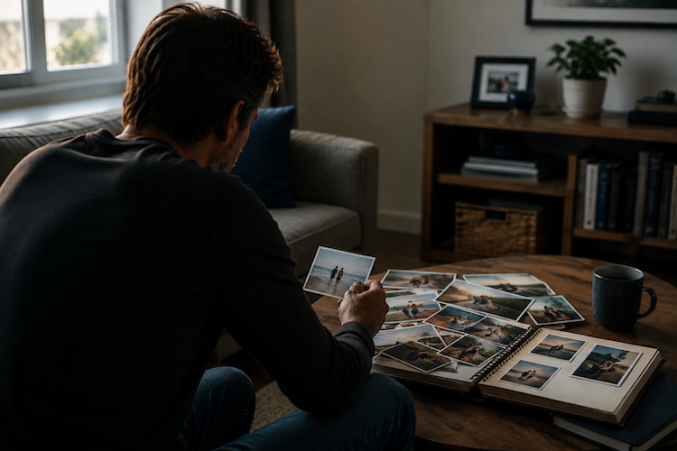 Man looking through old photographs and a photo album while reflecting on memories from a past relationship.