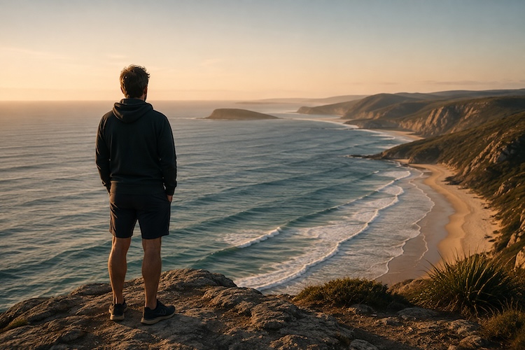 Man standing alone on a coastal headland overlooking the ocean, representing self-reflection, resilience and remaining connected to yourself after loss.