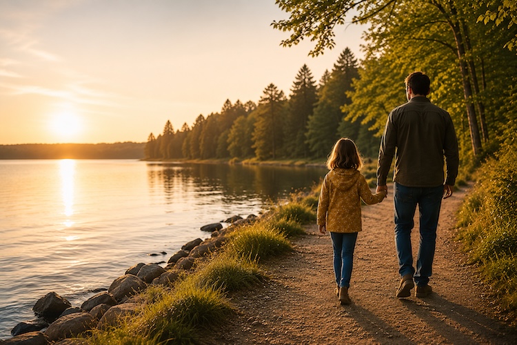 Father and daughter walking hand in hand beside a calm lake, representing connection, trust and psychological safety.