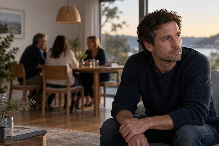 A man sitting apart from family members, reflecting on the emotional impact of neutrality after betrayal.