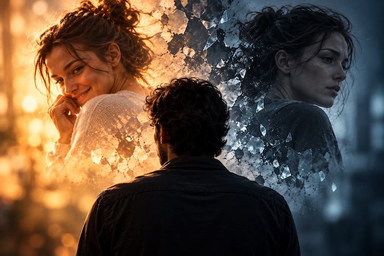 A man stands between two contrasting images of the same woman, one affectionate and warmly lit, the other distant and cold, symbolising mixed signals in relationships.