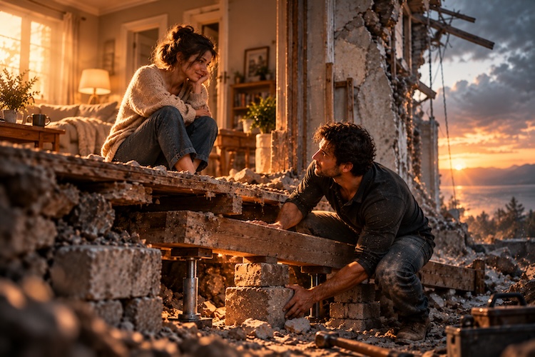 A man repairs the damaged foundations of a house while a woman watches from above, symbolising care, responsibility and the effort required to sustain healthy relationships.