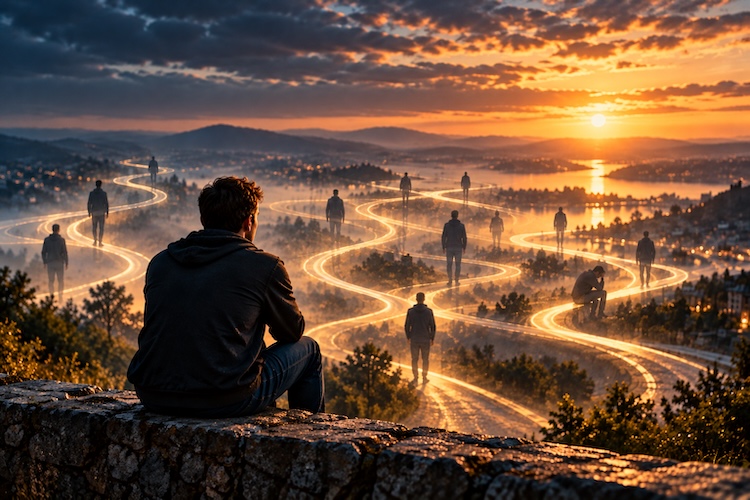 Man sitting on a stone wall overlooking glowing pathways and silhouetted figures, symbolising persistent anxiety and uncertainty.