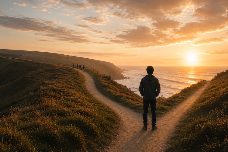 Man standing at a fork in a coastal path, representing the choice between preserving a relationship and remaining true to yourself.
