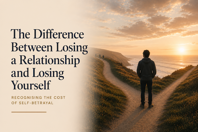 A person standing at a fork in a coastal path at sunset, symbolising the choice between preserving a relationship and preserving oneself.