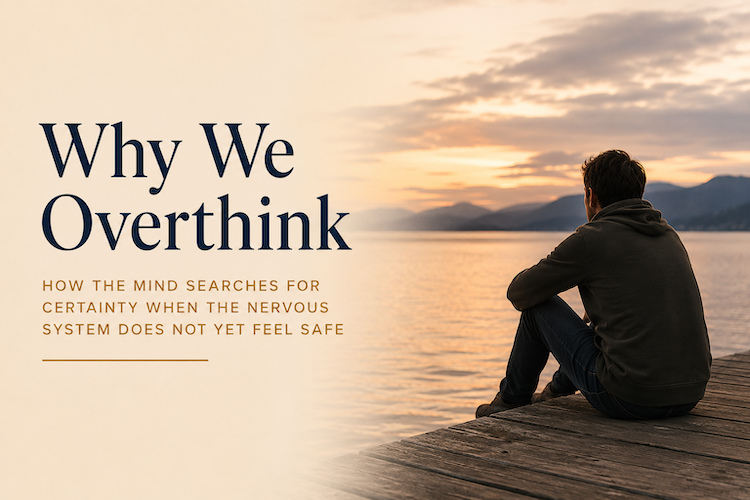 A man sitting alone overlooking a peaceful lake at sunset, representing reflection, uncertainty and overthinking.