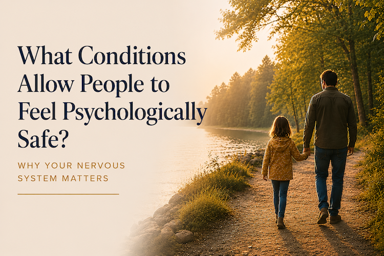 A father and daughter walking hand in hand along a peaceful lakeside path, representing psychological safety and secure relationships.
