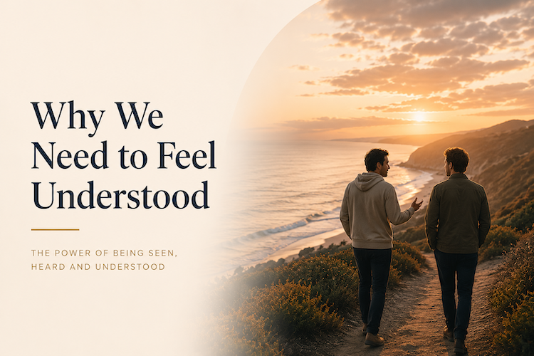 Two people sitting together by the coast at sunset, illustrating the importance of feeling understood before receiving advice.