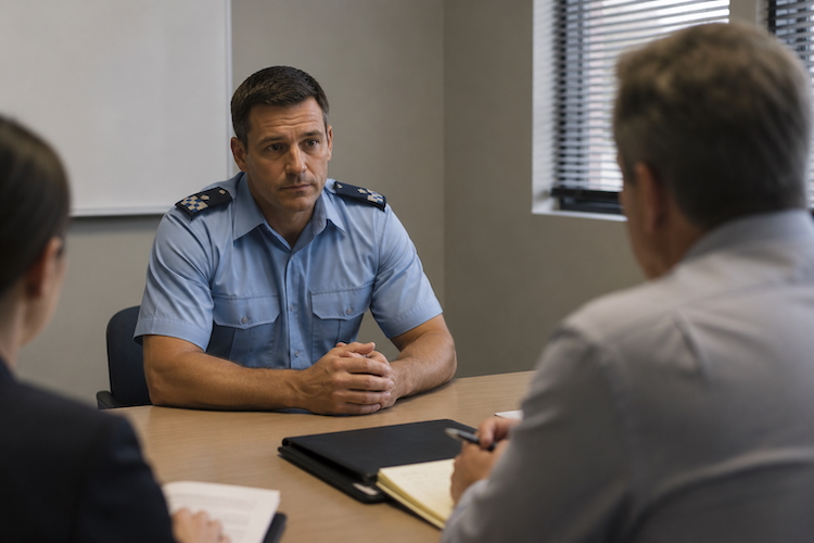 Police officer seated in an internal investigation interview with two interviewers.