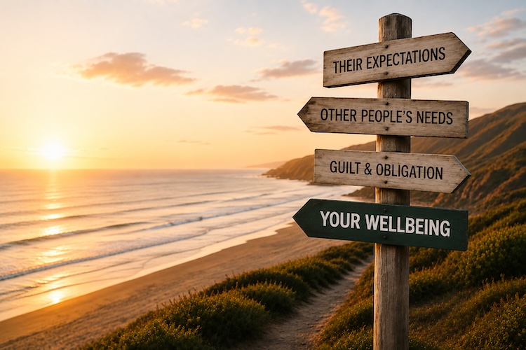 Coastal signpost pointing towards expectations, other people’s needs, guilt and obligation, and personal wellbeing, illustrating the challenge of setting healthy boundaries.