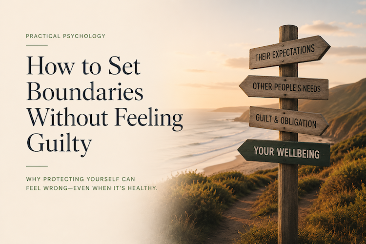 How to set boundaries without feeling guilty illustrated by a coastal signpost representing self-respect and wellbeing.