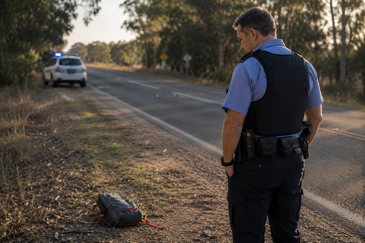 A police officer pauses beside a backpack on a quiet roadside after an incident, reflecting how particular details can stay with officers after traumatic events.