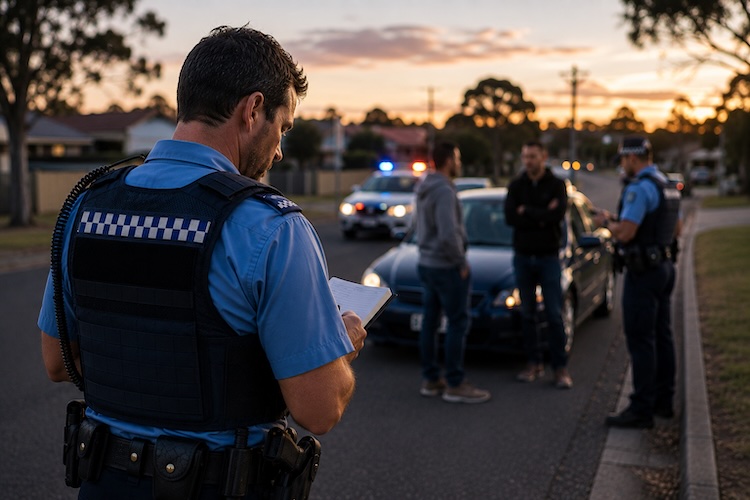 Police officer records notes while assessing a complex roadside situation involving several people.