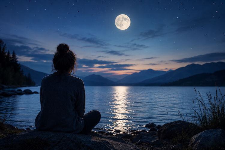 Person sitting beside a moonlit lake, using the moon as a visual anchor during a quiet moment of grounding