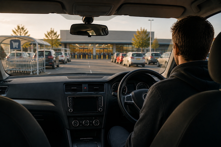 Man sitting in his car outside a supermarket, hesitating before going inside as he experiences anxiety and avoidance.