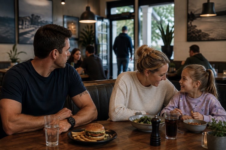 Off-duty first responder scanning a restaurant while his family talks together, representing hypervigilance continuing outside work.