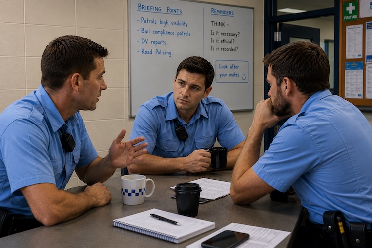 Three police officers talking in a station briefing room, illustrating how cynicism can develop within first responder culture.