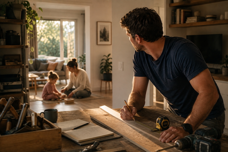 A man pauses from a woodworking project to look towards his partner and young child, illustrating the tension between productivity and emotional presence.