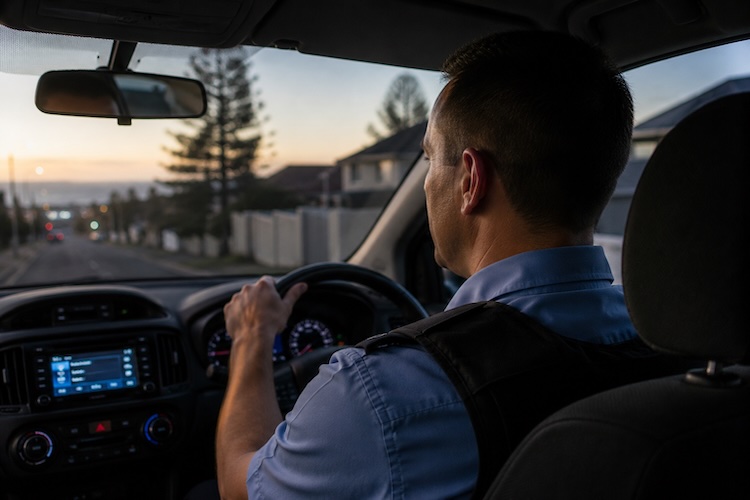 Police officer driving home after a shift, illustrating the transition between police work and family life.