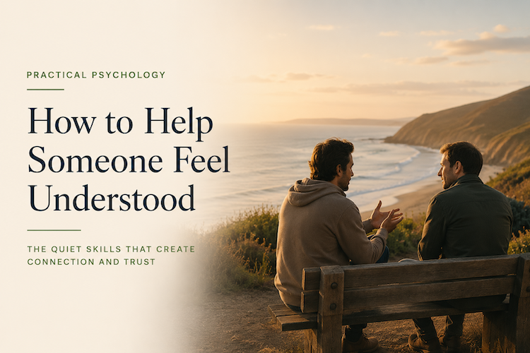 Two people sitting together overlooking the coastline, demonstrating attentive listening and supportive conversation.