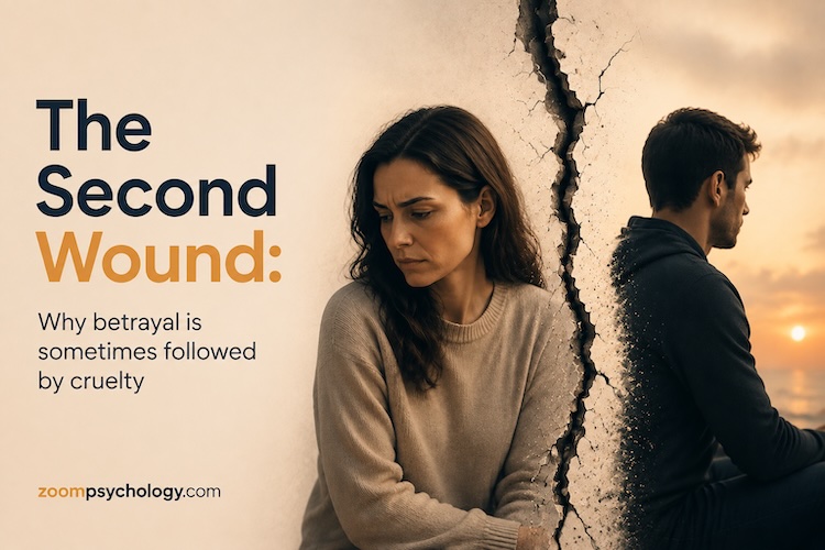 The Second Wound: Why betrayal is sometimes followed by cruelty. A fractured relationship image showing two people separated by a cracked wall, representing emotional distance and the impact of betrayal.