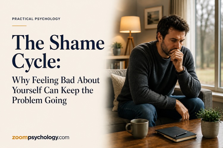 Man sitting reflectively at home, illustrating the psychological cycle of shame and self-criticism.