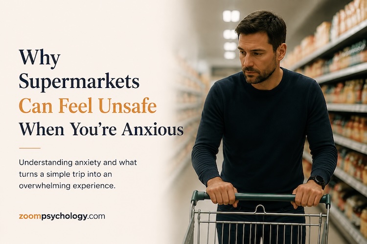 A man experiencing anxiety while shopping in a supermarket, representing how ordinary places can feel overwhelming when anxiety activates the body’s threat response.