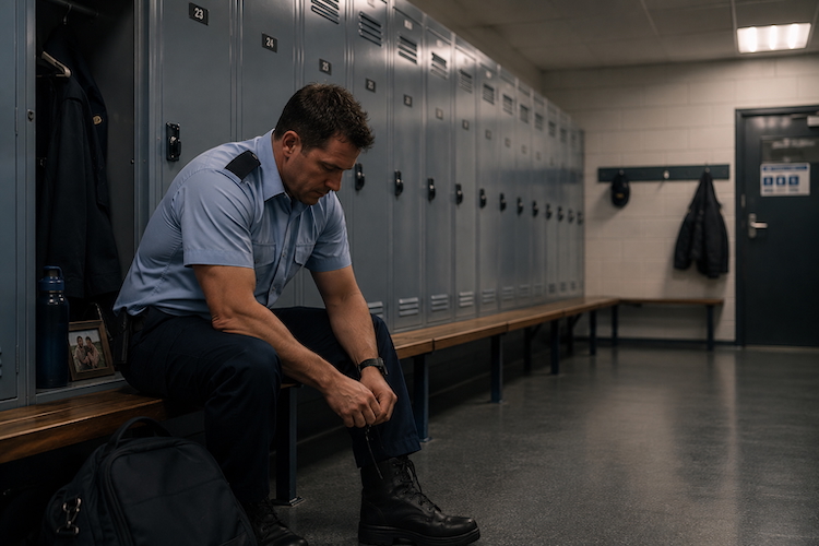 Police officer sitting alone in a locker room after shift, reflecting the experience of feeling like just a number