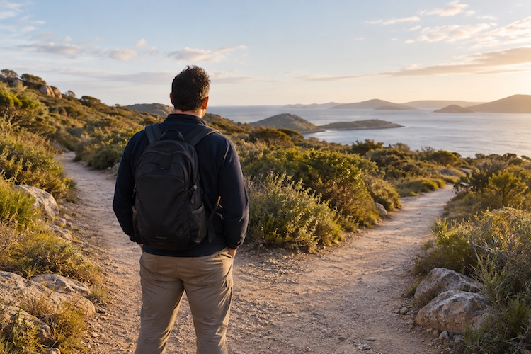 Person standing at a fork in a coastal walking trail, considering two different paths.