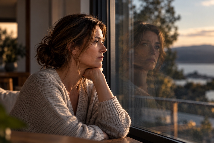 Woman looking through a window at her reflection, representing uncertainty about someone you thought you knew