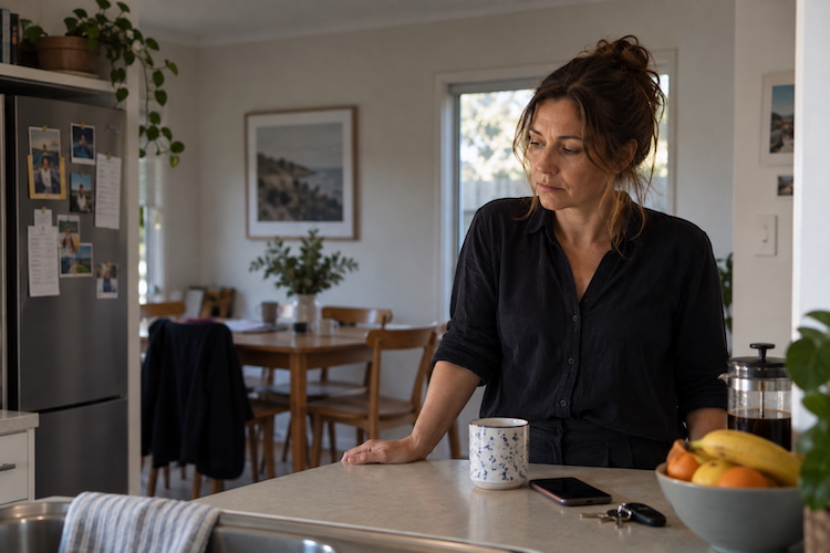 Woman standing thoughtfully in her kitchen, reflecting on symptoms of depression, anxiety and stress.