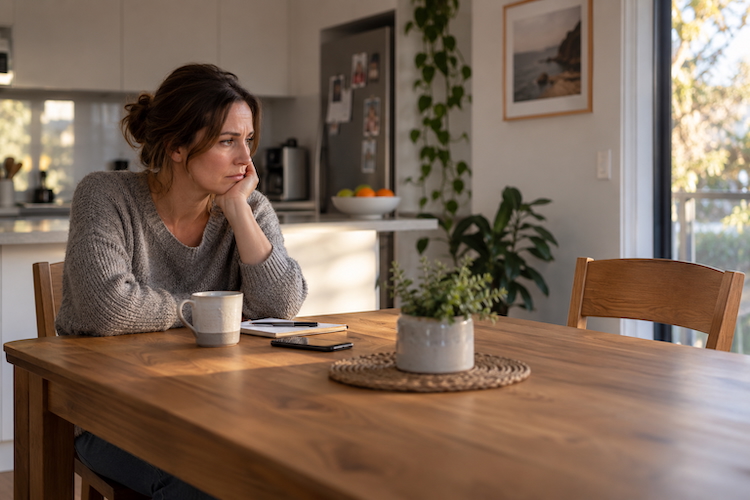 Woman sitting alone at a kitchen table reflecting on a conversation.